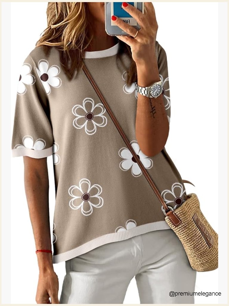 Casual Striped Color Block Knit Pullover Sweater Short Sleeve Crewneck